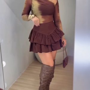 Solid Double Layer Ruffle Hem Skirt High Waist Zipper Side Mini Skirt, women Skirts, ChicMe catalog