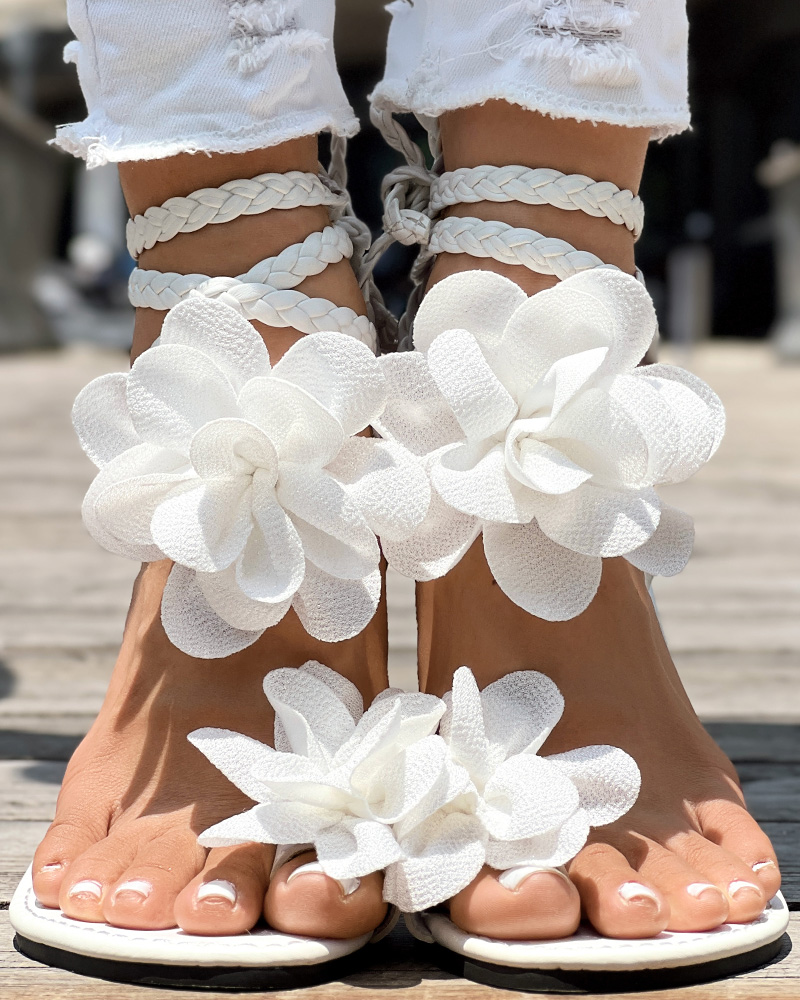 Casual Round Toe 3D Floral Flat Sandals, women Flats-Sandals, ChicMe catalog