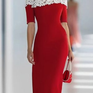 Elegant Plain Split Joint Boat Neck Knee Length Dress, Midi Dresses, color:Red|size:XXL, Stylewe