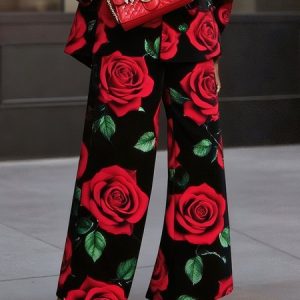 Elegant Floral Printing Wide Leg Pants, Pants, color:Black-red|size:XXL, Stylewe