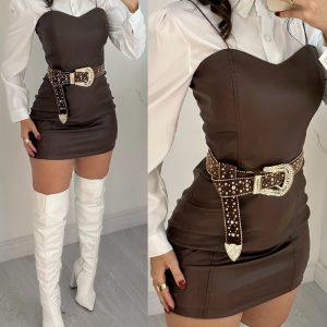 2 Pieces Outfit Turn-down Collar Long Sleeve Blouses and Casual Spaghetti Straps PU Leather Skirt, women Two-piece Sets, ChicMe catalog