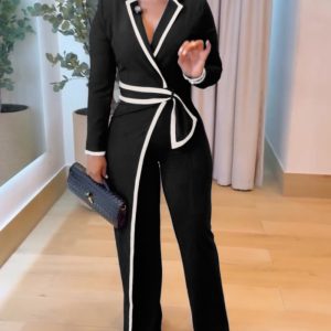 Contrast Paneled Notched Collar Padded shoulders Work Jumpsuit Casual Zipper Back Wrap Front Jumpsuit, women Jumpsuits, ChicMe catalog