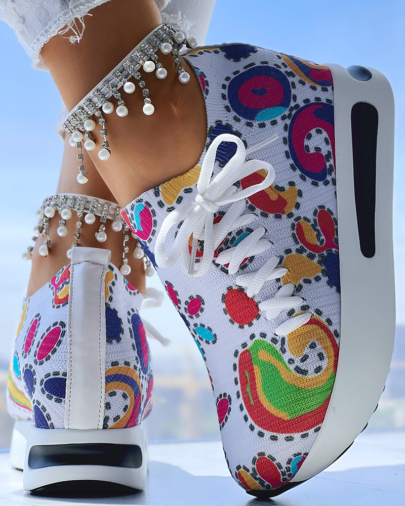 Abstract Print Side Lace-up Casual Wedge Sneakers, women Wedges Shoes, ChicMe catalog