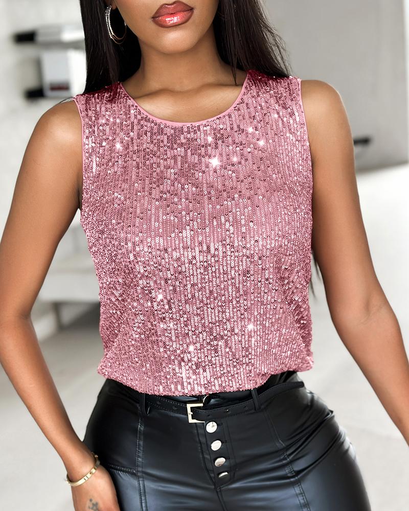Glitter Sequin Round Neck Sleeveless Tank Casual Slim Fit Top, women Tanks & Crop Tops, ChicMe catalog - Image 6