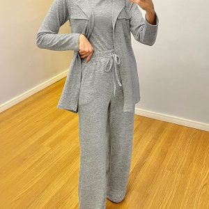 3 Pieces Outfit Sleeveless Notched Collar Longline Vest and High Neck Long Sleeve Top with Drawstring Elastic Waist Wide Leg Pants Set, women Two-piece Sets, ChicMe catalog