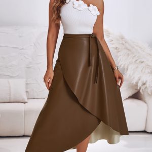 PU Leather Wrap Lace-Up Casual Mid-Length Skirt Work Skirt, women Skirts, ChicMe catalog