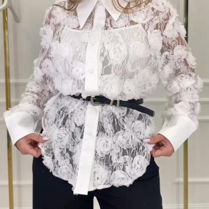 3D Floral Dec Turn-down Collar Long Sleeve Casual Blouse without Belt, women Blouses & Shirts, ChicMe catalog