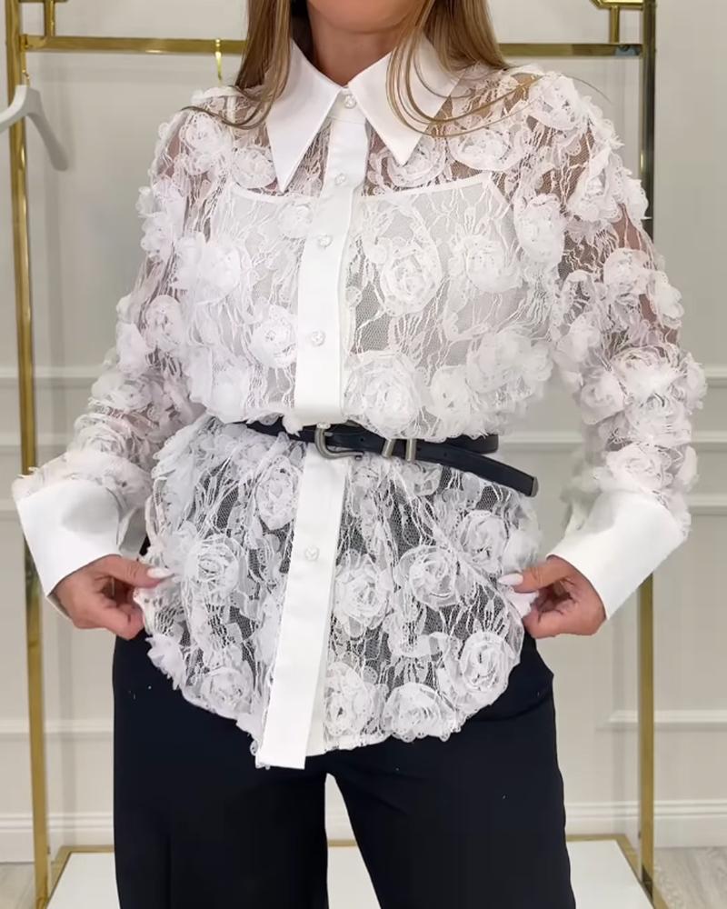 3D Floral Dec Turn-down Collar Long Sleeve Casual Blouse without Belt, women Blouses & Shirts, ChicMe catalog