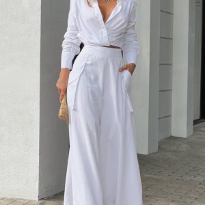 2 Pieces Outfit Turn-down Collar Long Sleeve Ruched Stretchy Hem Crop Top and Casual Elastic Back Waist Pockets Design Wide Leg Pants Set, women Two-piece Sets, ChicMe catalog