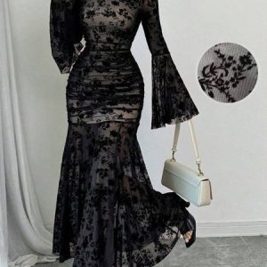 Urban Floral Lace Maxi Dress, Maxi Dresses, color:Black|size:XXL, Stylewe