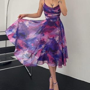 Ombre Print Spaghetti Strap Cowl Neck Dress Casual A Line Sheer Mesh Party Dress, women Print Dresses, ChicMe catalog