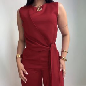Round Neck Sleeveless Asymmetrical Tied Detail Top and Casual Elastic Waist Pants Sets, women Two-piece Sets, ChicMe catalog