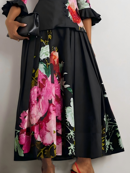 Urban Floral Maxi Skirt, Skirts, color:Black|size:XXL, Stylewe