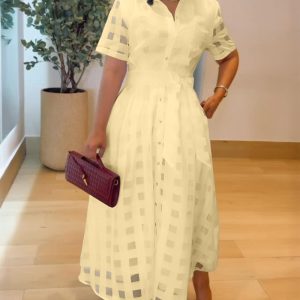 Turn-down Collar Plaid Mesh Double-Layered Cinched Waist A Line Shirt Dress Button Down Bow Tie Waist Maxi Dress, women Maxi Dresses, ChicMe catalog