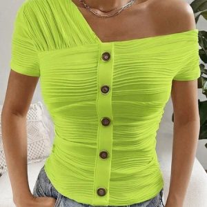 Urban Plain Buttoned Asymmetrical T-shirt, Tees, color:As Picture|size:XXL, Stylewe