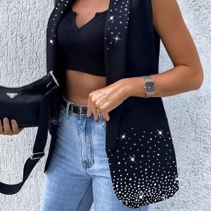 Rhinestone Shawl Collar Sleeveless Blazer Coat Casual Glitter Clubwear Vest, women Jackets & Coats, ChicMe catalog
