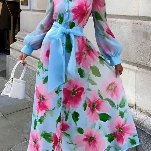 Elegant Floral Printing  Maxi Dress With Belt, Maxi Dresses, color:As Picture|size:XXL, Stylewe