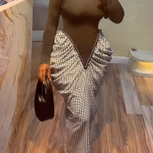 Elegant Color Block  Maxi Dress, Maxi Dresses, color:Brown|size:XXL, Stylewe