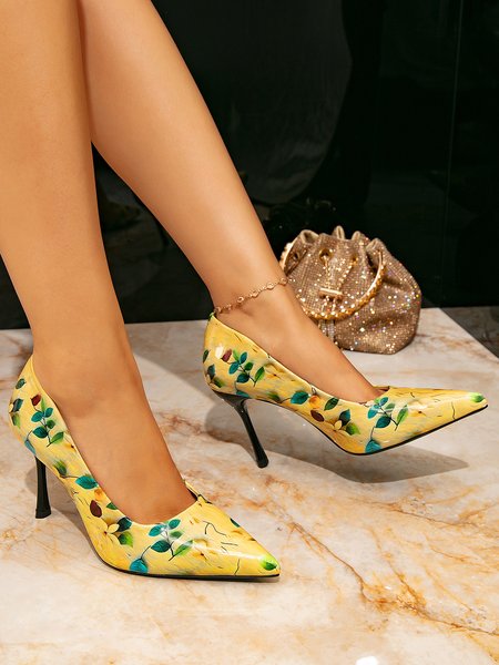 Pu Stiletto Heel Floral Flat, Heels, color:Yellow|size:42, Stylewe