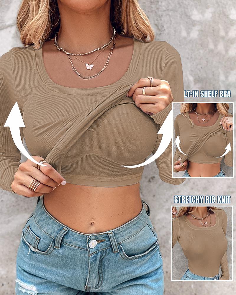Built In Bra U Neck Tee High Stretchy Knit T-Shirt Long Sleeve Top, women T-shirt & Tees, ChicMe catalog