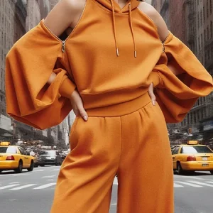 Casual Plain Zipper Off Shoulder Sleeve Hoodie, Hoodies and Sweatshirts, color:Orange|size:XXL, Stylewe