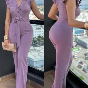 V-Neck Ruffle Sleeve Contrast Guipure Lace Zipper Back Jumpsuit Seam Front Bow Tie Waist Lace Patchwork Slim Fit Jumpsuit, women Jumpsuits, ChicMe catalog