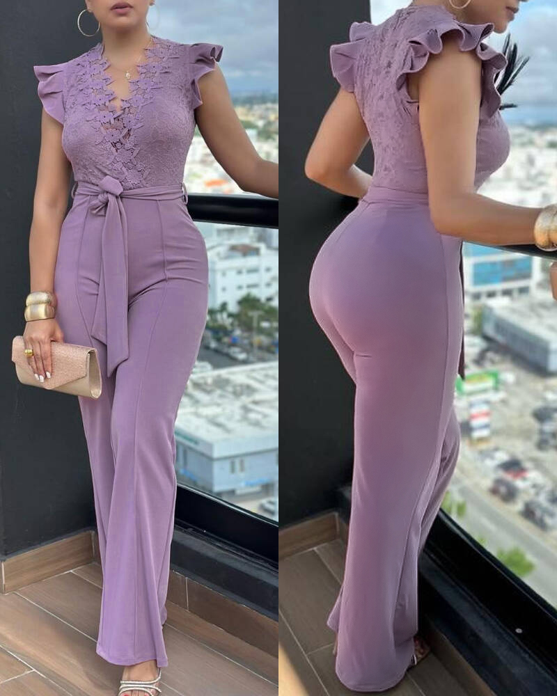 V-Neck Ruffle Sleeve Contrast Guipure Lace Zipper Back Jumpsuit Seam Front Bow Tie Waist Lace Patchwork Slim Fit Jumpsuit, women Jumpsuits, ChicMe catalog