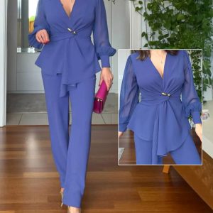2 Pieces Outfit Metal Decor Deep V Neck Lantern Sleeve Twist Front Zipper Back Asymmetrical Hem Top and Casual Elastic Back Waist Zipper Side Pants Set, women Two-piece Sets, ChicMe catalog