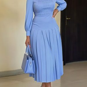 Elegant Plain Ruched Midi Dress, Midi Dresses, color:Blue|size:XXL, Stylewe