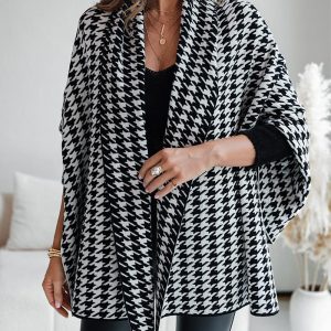 Houndstooth Print Versatile Loose Fit Sweater Coat Casual Warm Cape Shawl, women Sweaters & Cardigans, ChicMe catalog