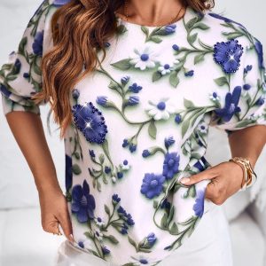 Floral Print Round Neck Long Sleeve Casual Sweater, women Sweaters & Cardigans, ChicMe catalog