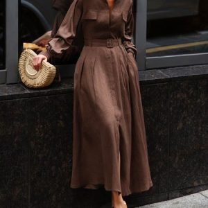 Urban Plain Cotton And Linen Shirt Collar Midi Dress With Belt, Midi Dresses, color:Brown|size:XXL, Stylewe