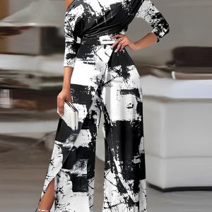 Tie Dye Print Skew Neck Wrapped Slit Wide Leg Jumpsuit, women Jumpsuits, ChicMe catalog