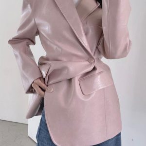 Urban Regular Fit Lapel Collar Long Sleeve Leather Coat, Jackets, color:Pink|size:XXL, Stylewe