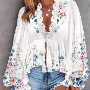 Floral Placement Print Deep V-Neck Contrast Lace Lantern Sleeve Flare Cuffs Blouse Casual Bow Tie Front Ruffle Hem Loose Top, women Blouses & Shirts, ChicMe catalog
