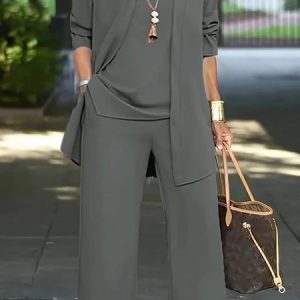 Women Plain Split Joint Matching Outfit Commuting Long Sleeve Casual Spring/Fall Multi-Piece Set Matching Set, JustFashionNow Suit Set, color:Gray|size:XXL,