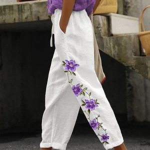 Women Floral Long Pants Casual Spring/Fall Trousers, Pants, color:White|size:XXL, catalog Noracora shop