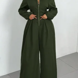Casual Zipper Plain V Neck Jumpsuit, Jumpsuits, color:Green|size:XXL, Stylewe