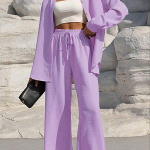 Women Plain Split Joint Two-Piece Set Daily Long Sleeve Casual Spring/Fall Top With Pants Matching Set, JustFashionNow Suit Set, color:Purple|size:XXL