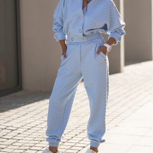 2 Pieces Outfit Waffles Textured V Neck Cardigan Sweatshirt and Casual Elastic Waist Cuffed Pants Set, women Two-piece Sets, ChicMe catalog