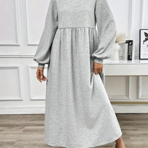 Women Plain Spring/Fall Dress Crew Neck Long Sleeve A-Line Dress, Maxi, color:Gray|size:4XL, catalog Noracora shop