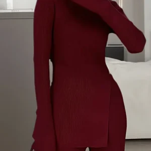Jersey Casual Plain Side-Slit Crew Neck T-shirt, Tees, color:Red|size:XXL, Stylewe