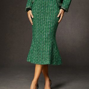 Elegant Tweed Mermaid Skirt, Skirts, color:Green|size:XXL, Stylewe