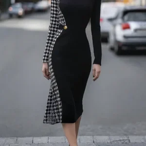 Elegant Houndstooth Split Joint Crew Neck Midi Dress, Midi Dresses, color:As Picture|size:XXL, Stylewe