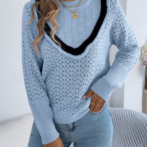 Women Cotton Plain Long Sleeve Comfy Casual Sweater, Sweaters, color:Light Blue|size:L, catalog Noracora shop