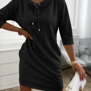 Stand Collar Drawstring Three Quarters Sleeve Casual Sweatshirt Dress, women Casual Dresses, ChicMe catalog