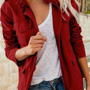 Women Spring/Fall Outerwear Vintage Split Joint Plain Long Sleeve Stand Collar Jacket, JustFashionNow Jackets, color:Wine Red|size:5XL,