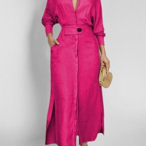 Women Plain Spring/Fall Split Joint Dress V Neck Long Sleeve Tank A-Line Dress, Dresses, color:Deep Pink|size:3XL, catalog Noracora shop