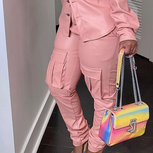 Casual Plain Cargo Pants Faux Leather Pants, Pants, color:Pink|size:XXL, Stylewe