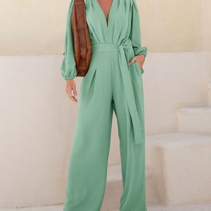 Puff Sleeve Plunge V Neck Waist Tied Detai Jumpsuit Casual Ruched Textured Loose Romper with Pockets, women Jumpsuits, ChicMe catalog